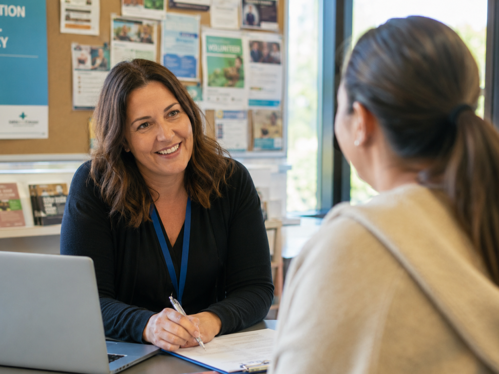 Community services worker meeting with a client in an Australian community support centre.