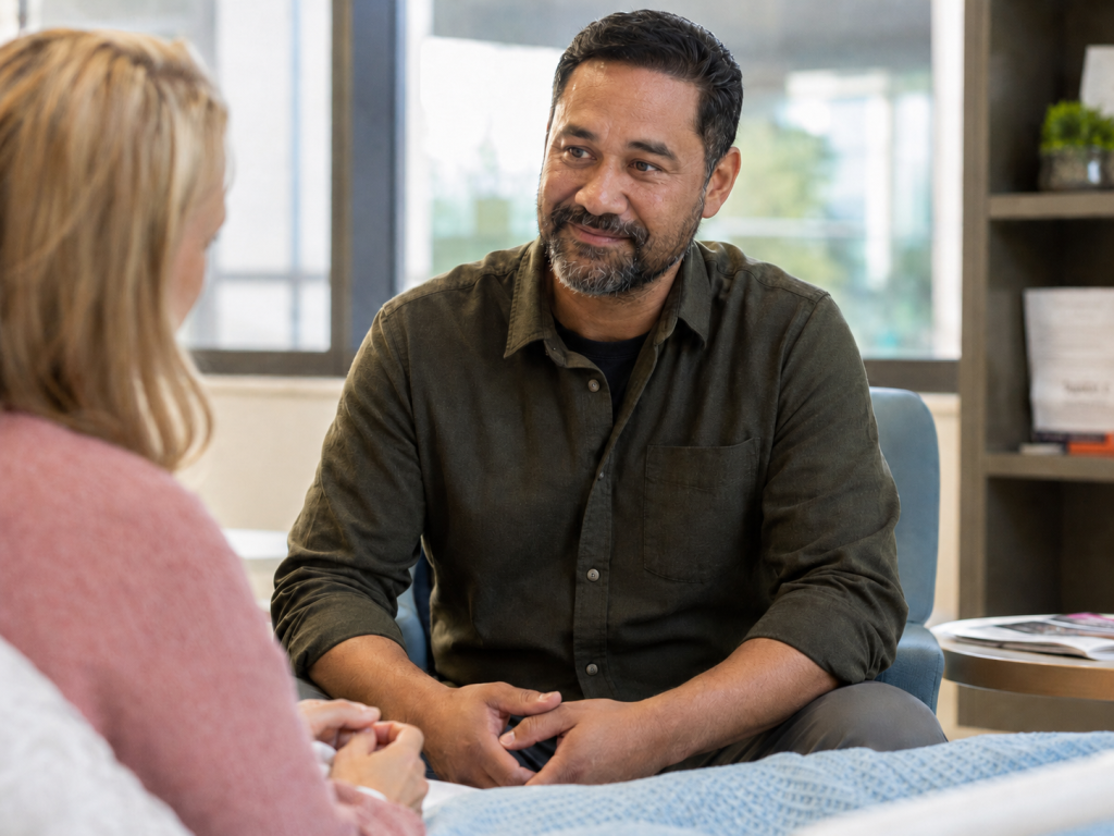 Chaplain offering compassionate support to a patient in an Australian hospital room.