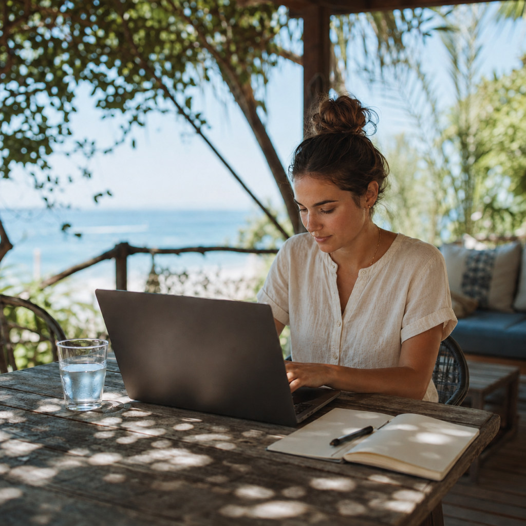 Woman working on a laptop at an outdoor table on a shaded Australian veranda
