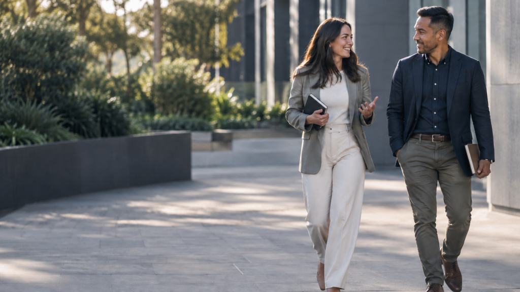 Two business leaders walking together in a contemporary precinct