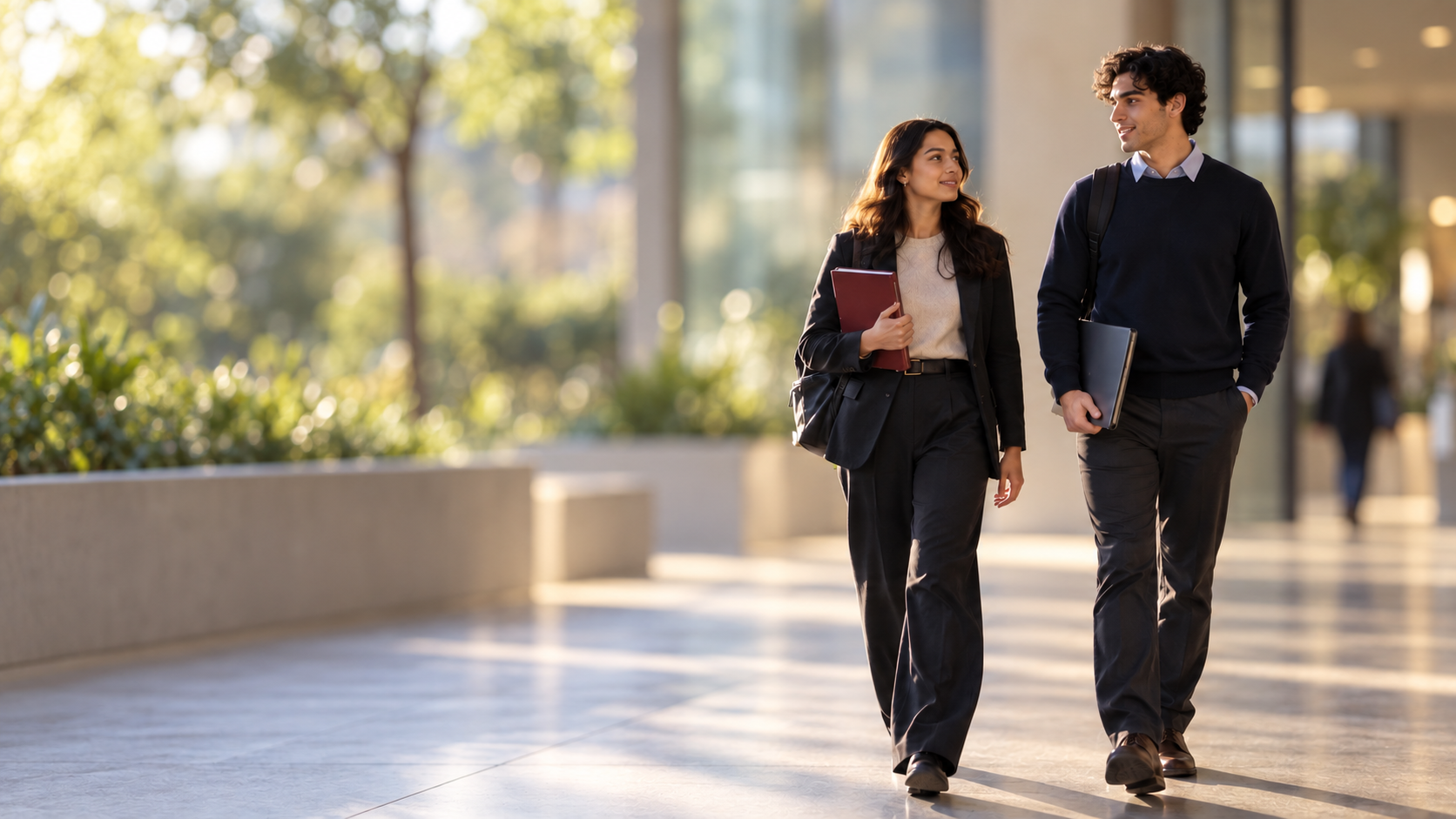 Law students walking through a neutral contemporary setting
